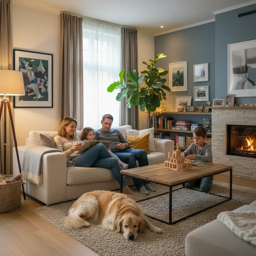 Gerust gezin in hun woonkamer in België